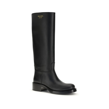 Prada Black Calf Leather Bos Taurus High Heel Boots