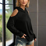 Women's Solid Color Long Sleeve Off-Shoulder Hoodie - Spring & Summer Fashion Casual Pullover Top