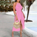 Women's Sexy Halter Neck Ruched Bodycon Midi Dresses Elegant Sleeveless Cocktail Party Dress