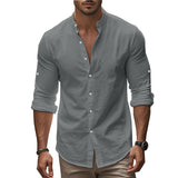 Standing Collar Solid Color Casual Cotton Linen Shirt