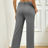 Ladies' Solid Color Pocket Versatile Commuting Waist Cinching Loose Straight Leg Wide Leg Pants
