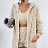 Women's Solid Color Strap Shorts Plush Warm Top 3-Piece Set