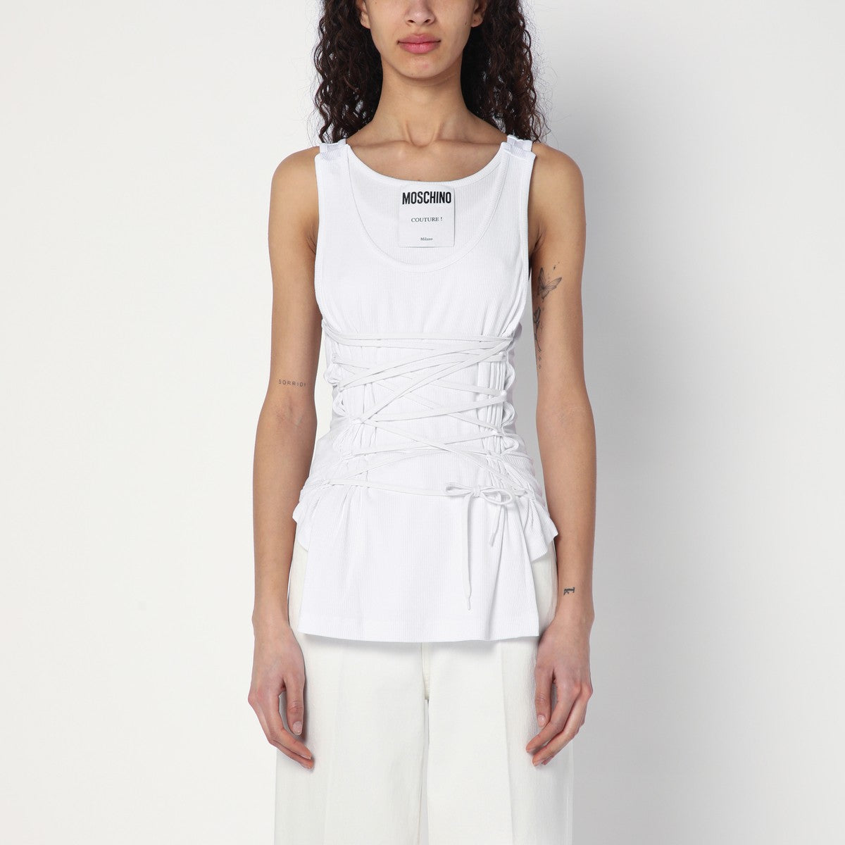 Moschino White tank top in cotton with laces