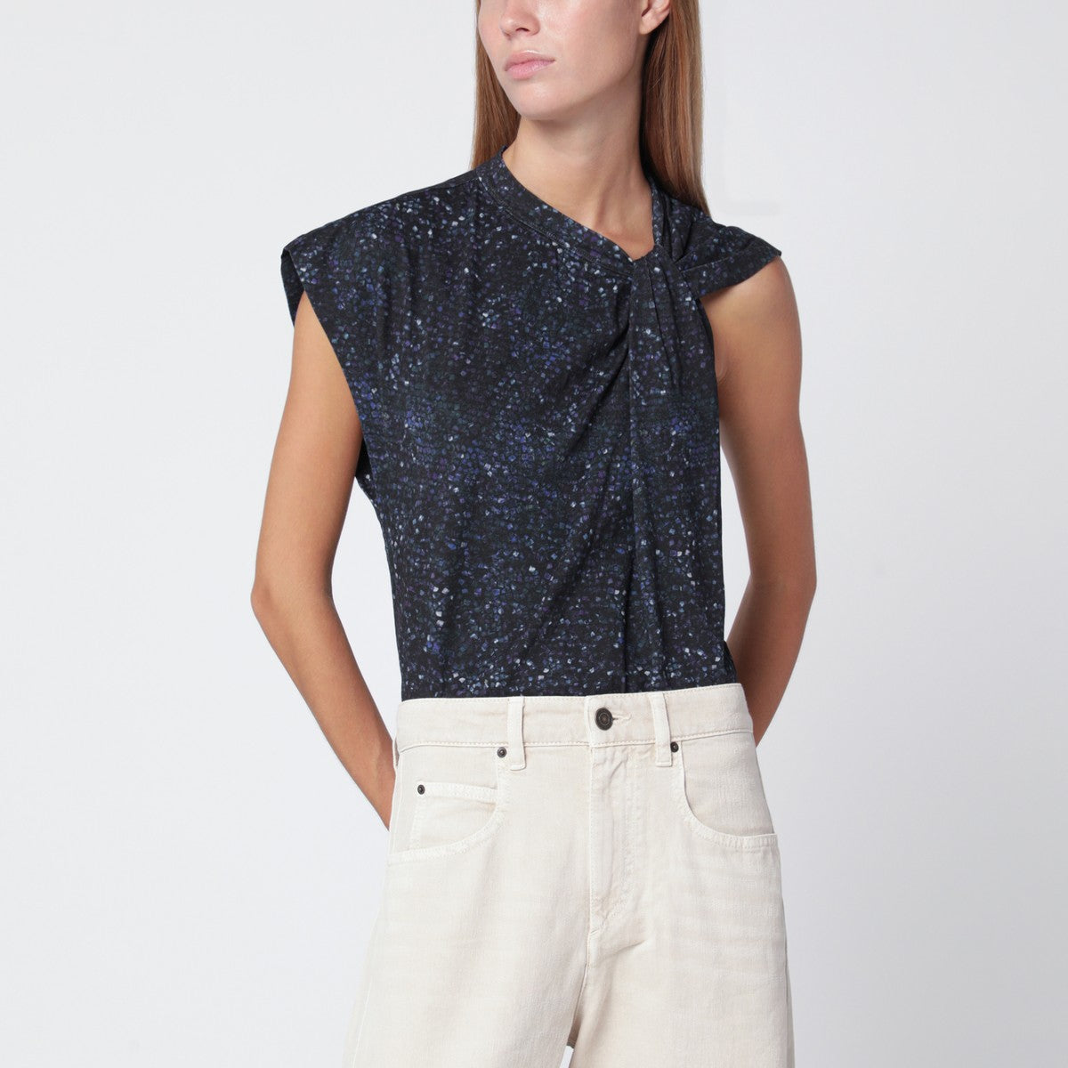 ISABEL MARANT Nayda asymmetrical T-shirt with midnight blue print