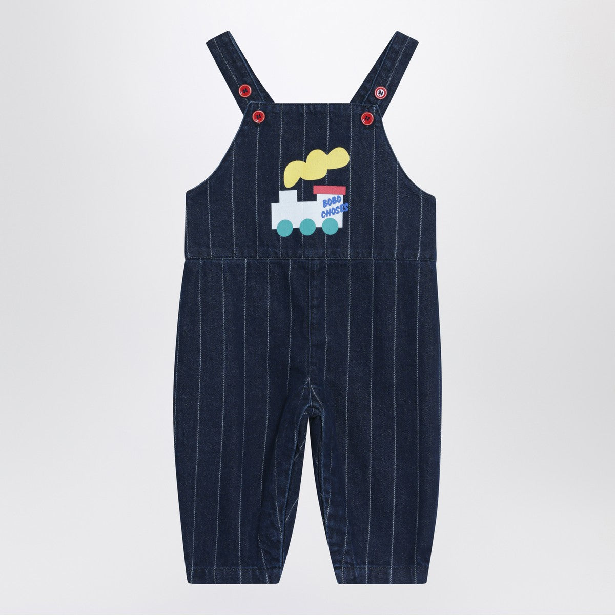 Bobo Choses Navy blue denim overalls with train