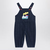 Bobo Choses Navy blue denim overalls with train