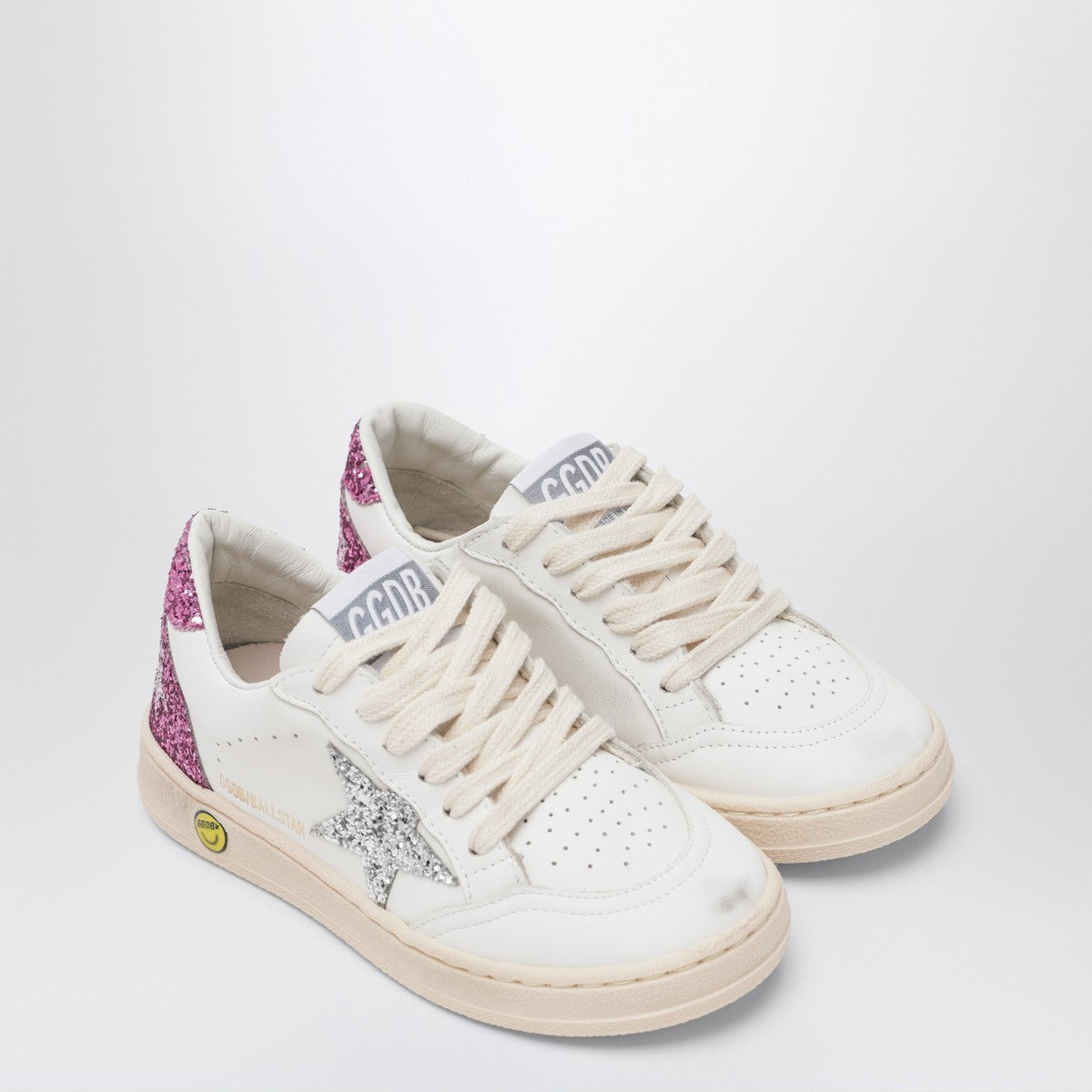 Golden Goose White leather Ball Star sneakers with silver/pink glitter