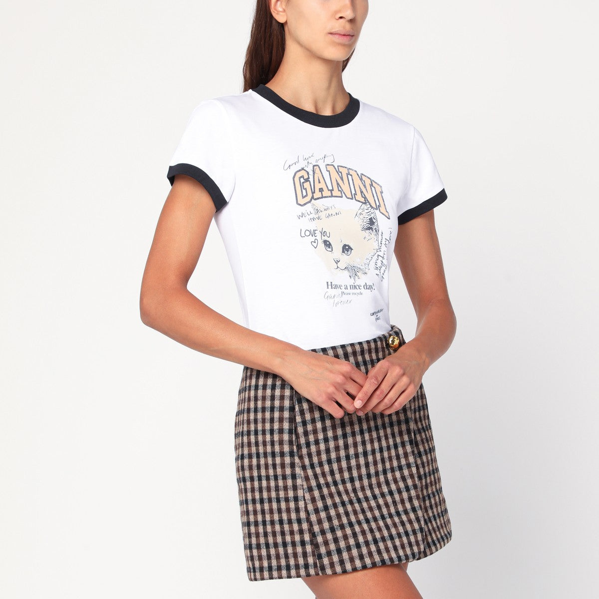 GANNI White cropped Kitty T-shirt