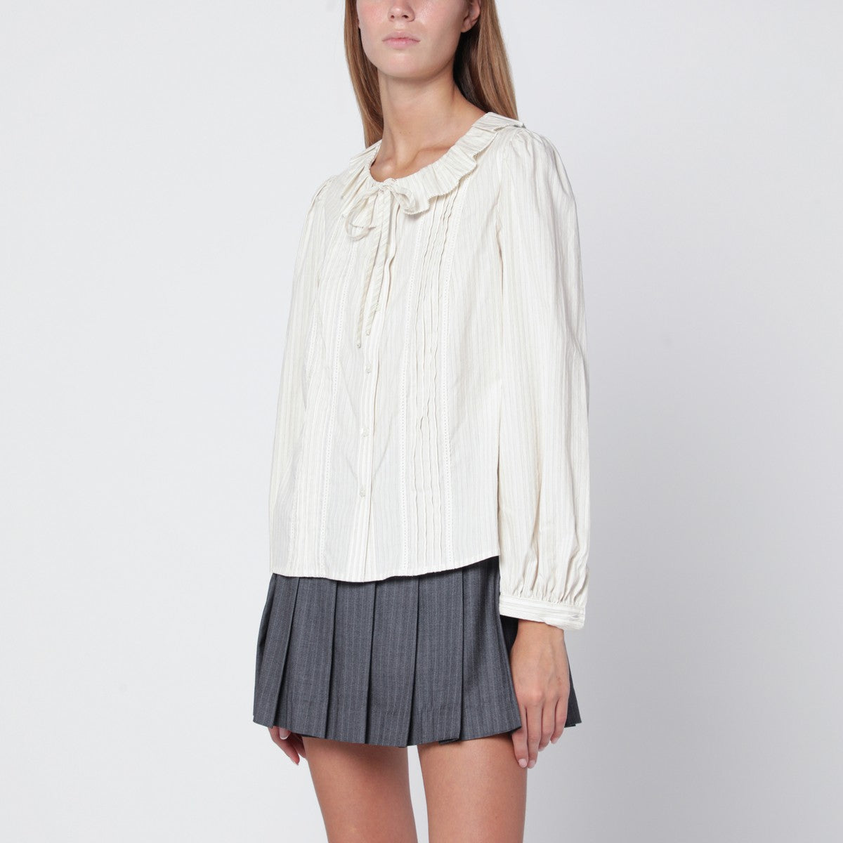 Dunst Light beige striped shirt with ruffles