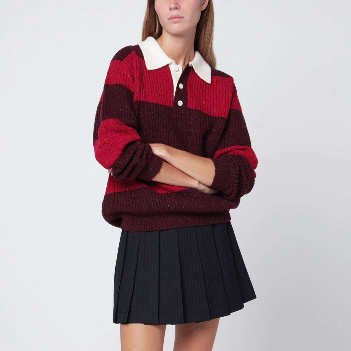 Dunst Red/burgundy striped wool blend polo shirt