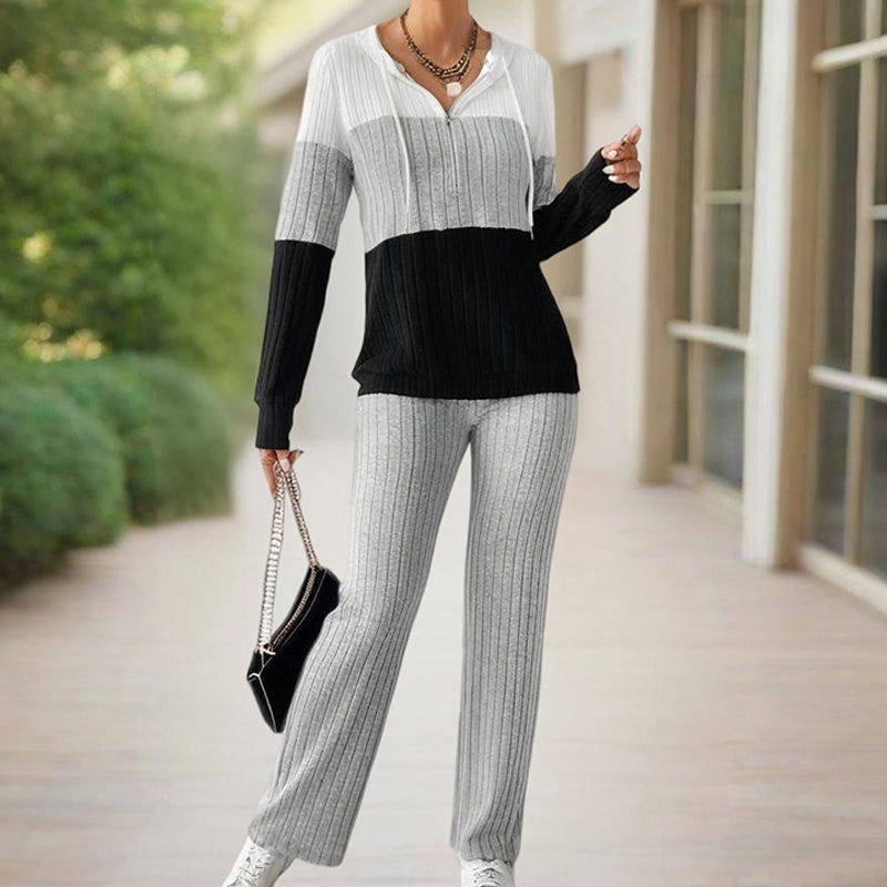 Women's Contracted Design Color-Block Hooded Sweatsuit Set - Long Sleeve Zip-Up Hoodie With Wide-Leg Lounge Pants