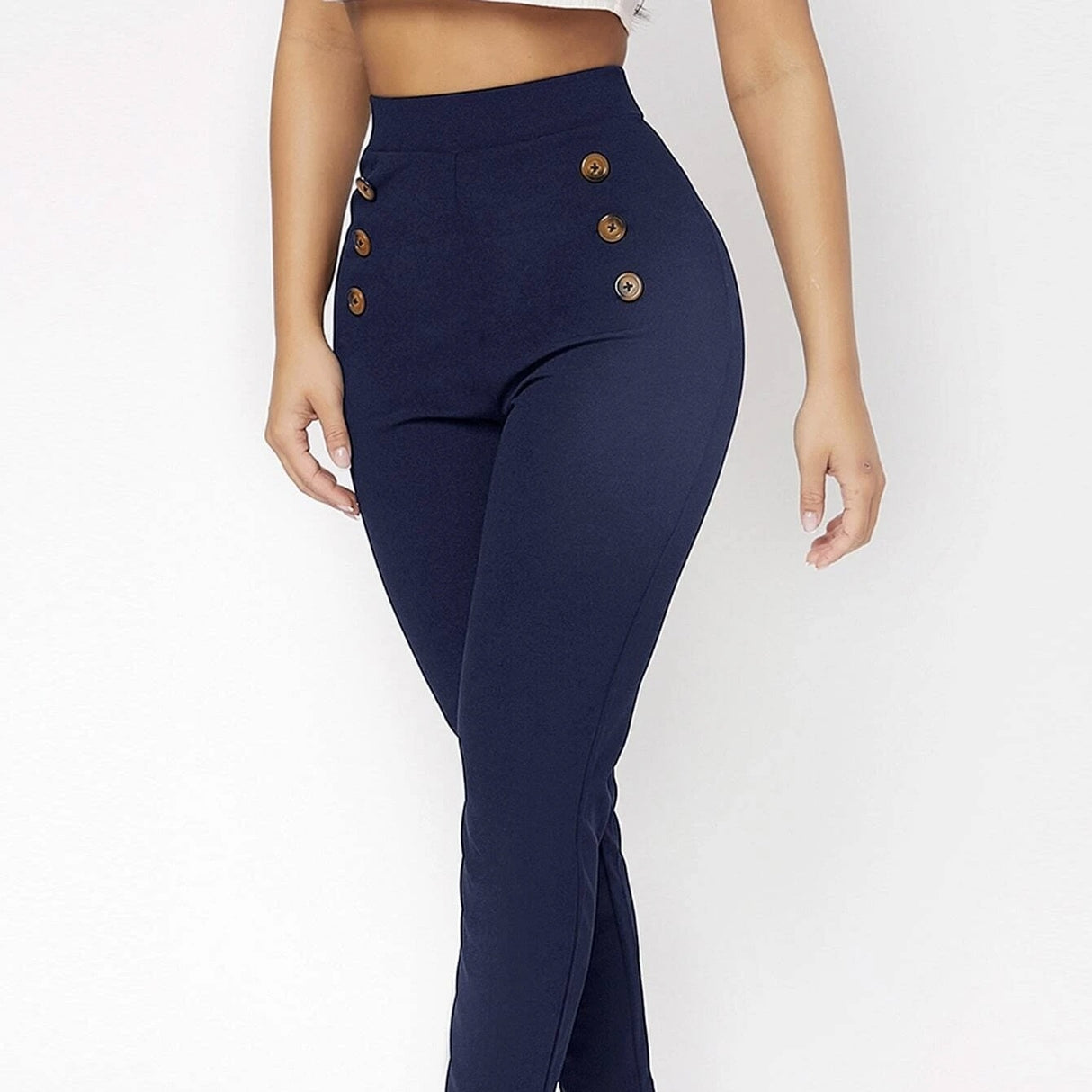 Ladies' Fashionable Retro Slim Fit Double Row Decoration Fake Button High Waisted Pants, Simple Solid Color Small Pant Legs