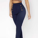 Ladies' Fashionable Retro Slim Fit Double Row Decoration Fake Button High Waisted Pants, Simple Solid Color Small Pant Legs
