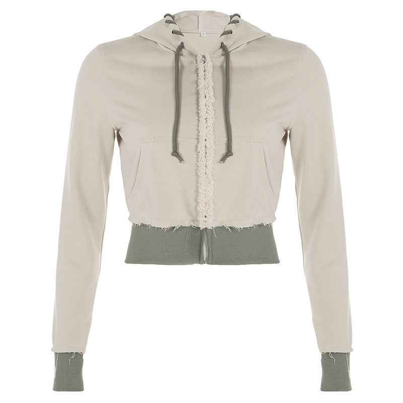 Women's Color-Blocked Zipper Long Sleeve Frayed Design & Pocket Drawstring Hooded Cropped Jacket Spring&Fashion Casual