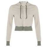 Women's Color-Blocked Zipper Long Sleeve Frayed Design & Pocket Drawstring Hooded Cropped Jacket Spring&Fashion Casual