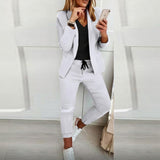 Women's Solid Color Long Sleeve Suit Set - Stylish Notch Lapel Blazer With Pockets & Drawstring Waist Pants, Spring&Fall Business Casual Outfit