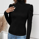 Women's Solid Color High Neck Back Button Decoration Slim Fit Long Sleeved T-shirt
