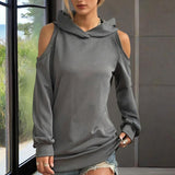 Women's Solid Color Long Sleeve Off-Shoulder Hoodie - Spring & Summer Fashion Casual Pullover Top