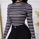 Ladies' Fashionable And Elegant Temperament Versatile Spring Multi-color Splicing Layer Long Sleeved Round Neck T-shirt Top