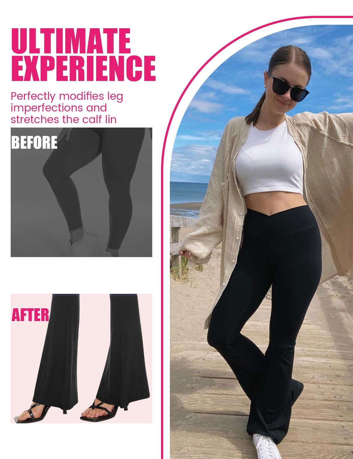 Flared Pants - Cropped Crossover Waist Pockets, Polyester Double Mill 2 Strips, Black Dark Gray