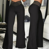 Women's Transparent Mesh Patchwork High Waist Pants With Elegant Cross Detail, Solid Color Fashion Trousers