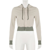Women's Color-Blocked Zipper Long Sleeve Frayed Design & Pocket Drawstring Hooded Cropped Jacket Spring&Fashion Casual