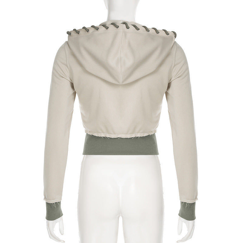 Women's Color-Blocked Zipper Long Sleeve Frayed Design & Pocket Drawstring Hooded Cropped Jacket Spring&Fashion Casual