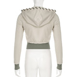 Women's Color-Blocked Zipper Long Sleeve Frayed Design & Pocket Drawstring Hooded Cropped Jacket Spring&Fashion Casual