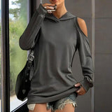 Women's Solid Color Long Sleeve Off-Shoulder Hoodie - Spring & Summer Fashion Casual Pullover Top
