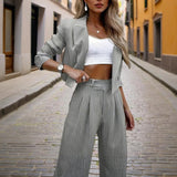 Women's Solid & Striped Long Sleeve Blazer Suit Set - Button-Up Cropped Top With Pleated Pants, Office Work Wear