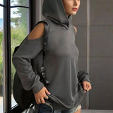 Women's Solid Color Long Sleeve Off-Shoulder Hoodie - Spring & Summer Fashion Casual Pullover Top